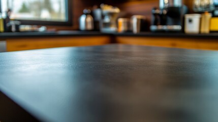 Aufkleber - Polished black stone countertop reflects soft warm lighting, emphasizing its modern design in a stylish kitchen with ample clean space on the right for potential uses