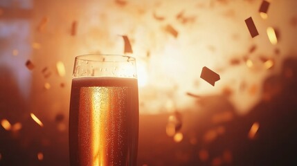 Aufkleber - Close-up of a champagne flute displaying a droplet as it reflects soft-focus gold confetti, creating an elegant atmosphere perfect for celebrations