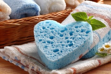 Aufkleber - Blue heart-shaped sponge on a towel with basket in cozy bathroom setting
