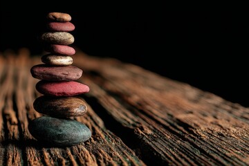 Aufkleber - Balanced stones arranged in a stack on an old wooden surface in soft lighting