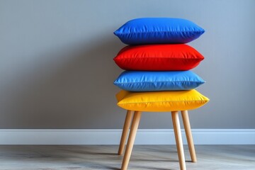 Poster - brightly colored cushions stacked on a wooden stool in a stylish interior setting