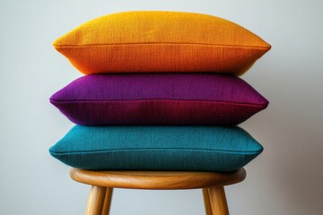 Aufkleber - Brightly colored cushions stacked on a wooden stool against a neutral backdrop