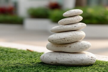 Poster - Balanced stone tower in a serene garden setting during daylight hours showcasing nature's tranquility