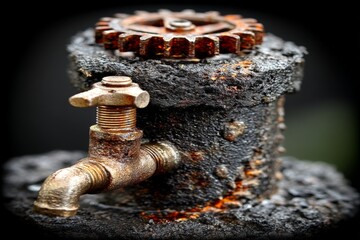 Aufkleber - Rusty mechanical valve with gears showing signs of wear located in an industrial setting