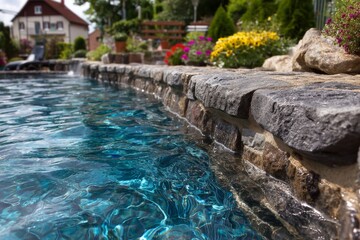 Poster - Beautifully clear pool with stone edging surrounded by vibrant flowers in a serene backyard setting