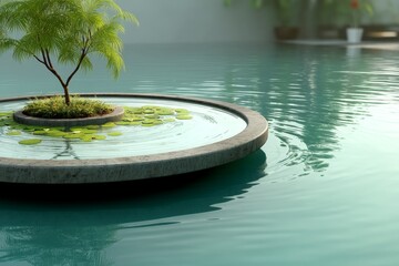 Poster - Tranquil reflection of a small tree on a circular stone platform in a serene pool at midday