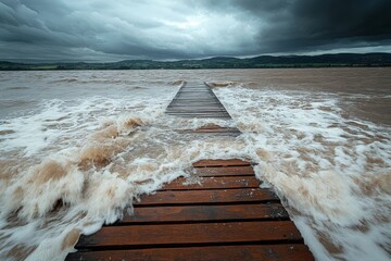 Aufkleber - Chaotic waves crash against a wooden pier during an intense storm in a coastal area