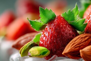 Aufkleber - Fresh strawberries and nuts arranged beautifully on a dessert plate in a cozy setting