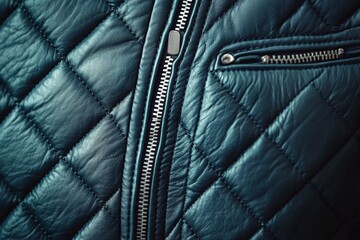 Poster - Close-up view of a quilted leather jacket featuring a zipper and textured patterns under soft lighting