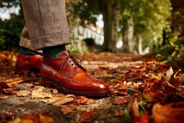Poster - Brown leather shoes walking through autumn leaves on a tree-lined path in a picturesque outdoor setting