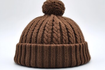 Poster - Warm knitted brown beanie featuring a pom-pom design, perfect for winter attire and outdoor activities in chilly weather
