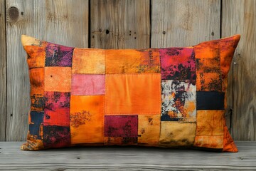 Aufkleber - Colorful patchwork pillow displayed against rustic wood backdrop in natural light