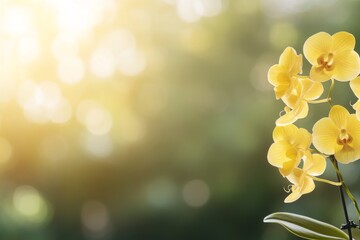 Poster - Close-up view of a vibrant yellow orchid on the right, surrounded by a magical bokeh background that enhances its beauty and offers space for text
