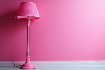Poster - Bright pink lamp stands against a solid pink wall in a modern interior design setting