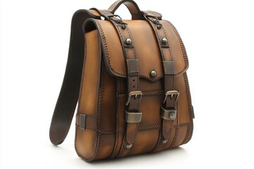 Poster - Vintage leather backpack with buckles displayed on a white background for a stylish accessory showcase