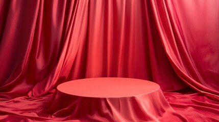 Poster - Red cylindrical platform on draped red fabric backdrop.