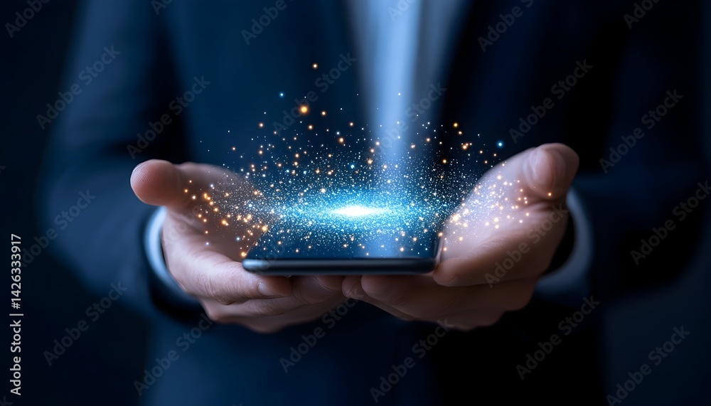 Glowing digital data emerges from a smartphone held in open hands Stock ...