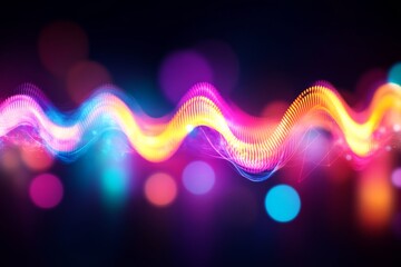 Fototapete - Dynamic particles in bright colors swirl and dance, illustrating the energy of sound waves and music visualization against a contrasting dark background