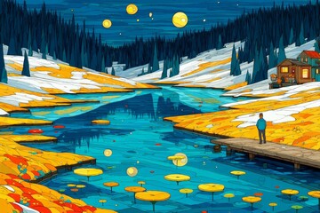 Poster - Bright colors reflect on a serene lake at dusk with a wooden cabin and a figure by the water