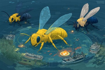 Poster - Creative illustration of giant bees analyzing a marine environment near boats during a calm evening