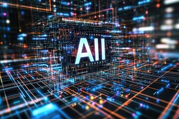 Poster - Abstract AI Digital Network Glowing Cube in Complex Lines