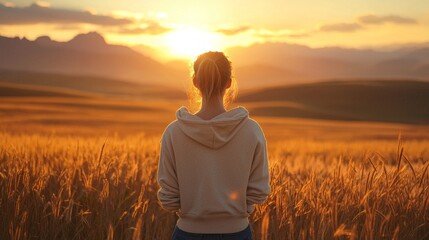 Aufkleber - Standing quietly in a vast, golden field, the young woman gazes at the radiant sunset. The soft light envelops her, creating a serene atmosphere in the early evening