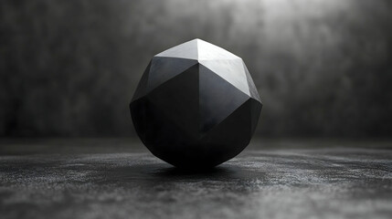 A geometric black shape rests on a textured surface against a blurred background