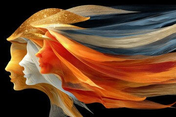 Aufkleber - Creative expression emerges through flowing colors and silhouettes of women representing beauty, strength, and diversity in art