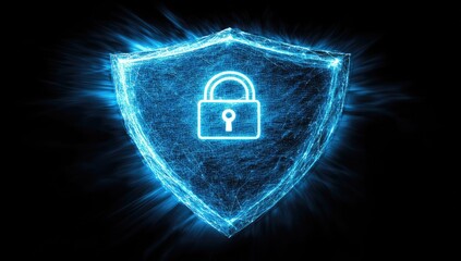 Poster - Abstract Blue Glowing Shield with Padlock Digital Security Illustration