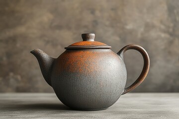 Poster - Crafted clay teapot with an orange glaze showcased on a neutral background