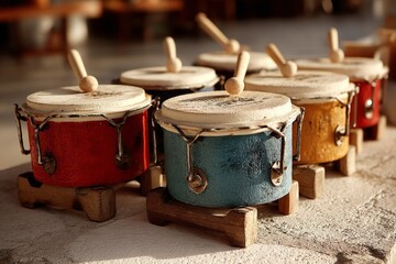 Poster - Small colorful drums arranged on a surface, capturing the essence of a vibrant musical setting at a lively market