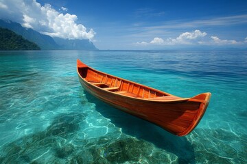 Aufkleber - Bright wooden boat floating on clear blue water with mountains in the background during a sunny day