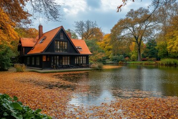 Poster - colorful autumn landscape with a cozy house by the serene lake during the late afternoon