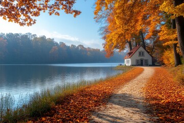 Poster - scenic lakeside cabin surrounded by vibrant autumn foliage at a tranquil morning