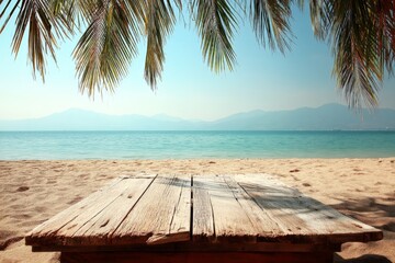 Aufkleber - Relaxing beach view with wooden table under palm trees in tropical paradise during sunny day