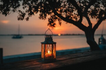 Poster - Lantern casting warm light at sunset near tranquil water with sailboats and silhouetted trees in a peaceful setting