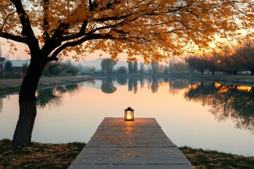 Aufkleber - Serene autumn evening by the lake with glowing lantern and falling leaves enhancing the tranquil atmosphere