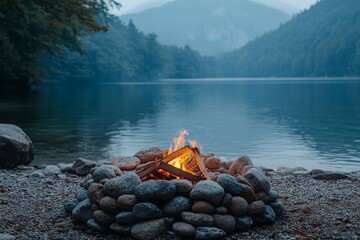 Poster - Campfire creating warmth and ambiance by a serene lake surrounded by mountains during twilight