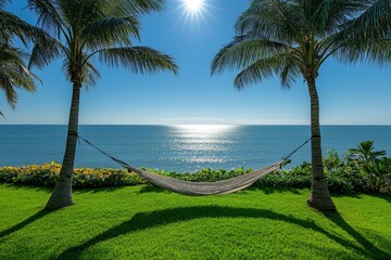 Poster - Hammock between palm trees overlooking calm ocean waters under bright sun