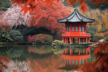 Poster - Serene autumn landscape with traditional pagoda and vivid foliage reflected in calm water