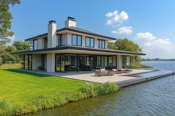 Poster - Modern lakeside villa features expansive glass design and tranquil surroundings for outdoor relaxation