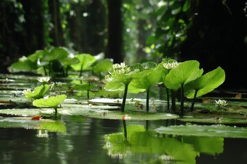 Poster - Lush green lily pads floating in tranquil water during a sunny day in a tropical wetland