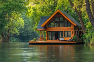 Poster - Charming wooden house on the river surrounded by lush trees during a serene summer afternoon