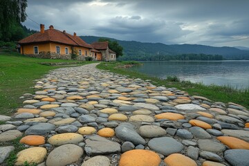 Aufkleber - Scenic lakeside pathway with colorful stones and charming cottages under a cloudy sky in the countryside