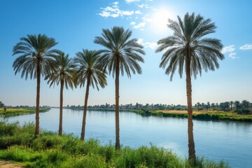 Poster - Serene river landscape with palm trees reflecting a sunny afternoon in a tranquil oasis setting