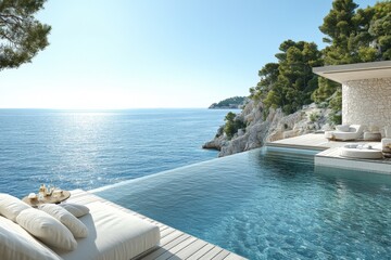 Poster - Luxurious infinity pool overlooking the serene ocean at a coastal retreat during a clear sunny day