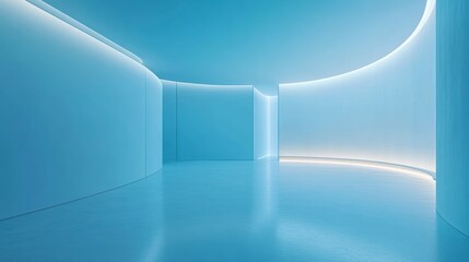 Poster - Abstract blue curved interior with soft lighting, sleek walls, and reflective floor.