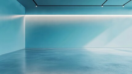 Wall Mural - Empty modern room with blue walls and concrete floor, illuminated by subtle lighting.
