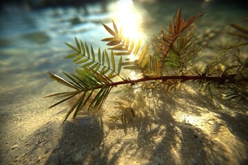 Aufkleber - Sunlight reflecting on water with aquatic plants in a serene underwater setting during the day
