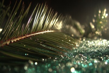 Aufkleber - Sparkling water droplets on palm leaves at dawn create a serene tropical atmosphere